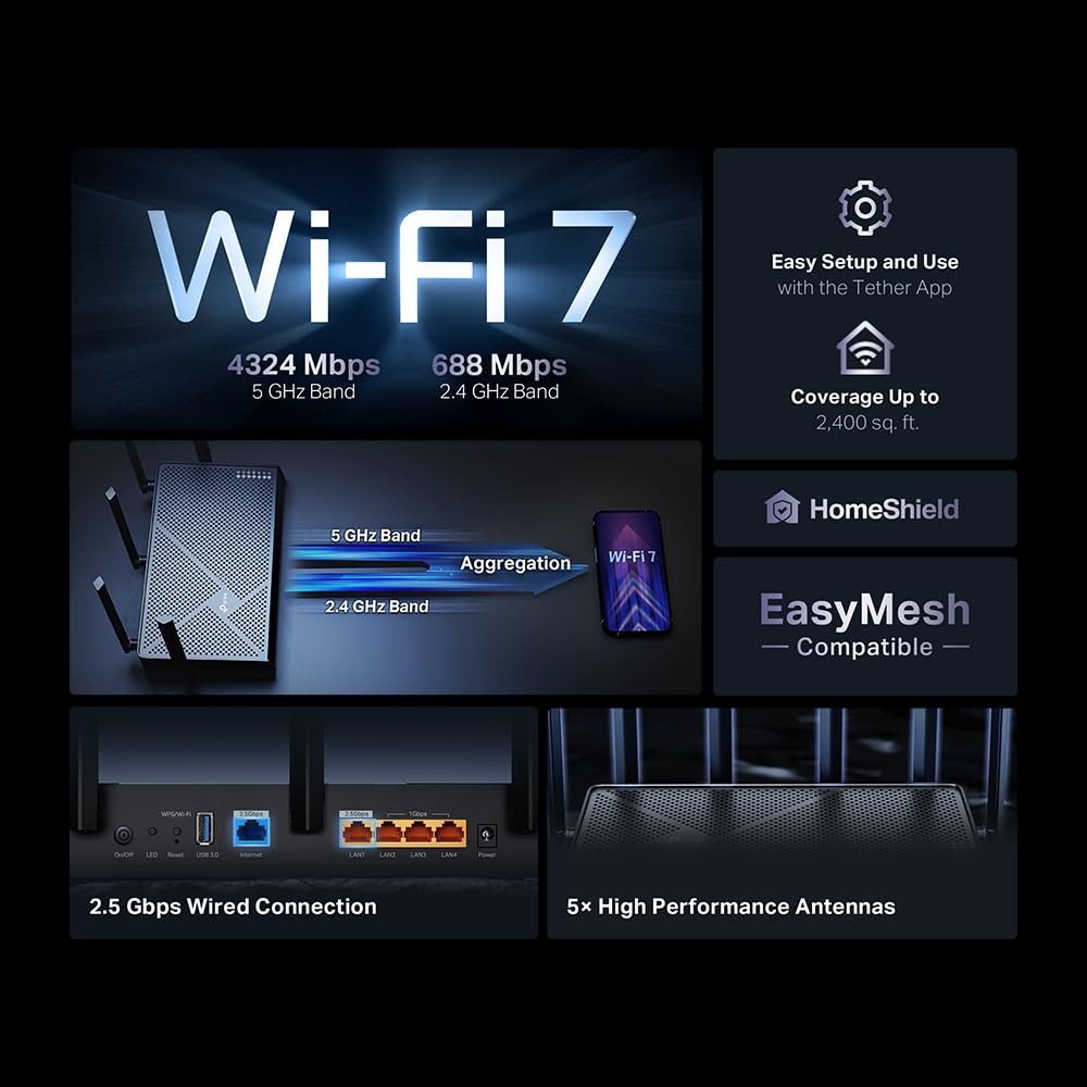 TP-Link Routeur Double Bande BE5000 WiFi 7 Archer BE260 | 5 Flux 5 Gbit/s | 1 × WAN 2,5 G + 1 × 2,5GLAN + 3 Ports 1G, USB 3.0 | 5 antennes externes | Clients et serveurs VPN | Easy-Mesh, HomeShield