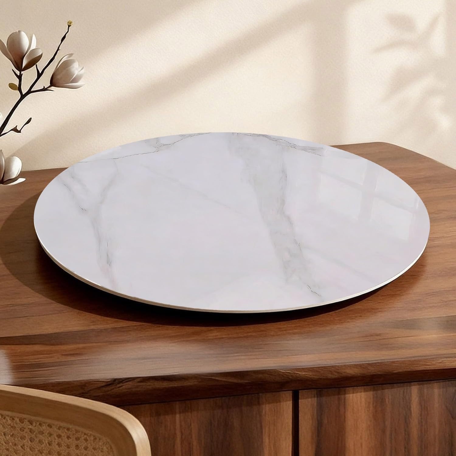 Plateau Tournant Rotatif Ronde Diamètre 60/70/80 cm, Texture de Marbre Assiette de Service en Ardoise, Grande Maison Plateau Pivotant, Bords Polis(Matte Gray,40"/100cm)