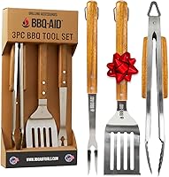 BBQ-AID 3-Piece Heavy Duty Stainless Steel BBQ Tongs Spatula Fork Set with Long Wood Handles - Ultimate Grilling Gift