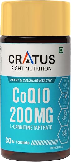 Cratus CoQ10 200 mg with L-Carnitine, Zinc, Lycopene &amp; Astaxanthin – 30 Tablets – 100% Vegetarian &amp; Non-GMO