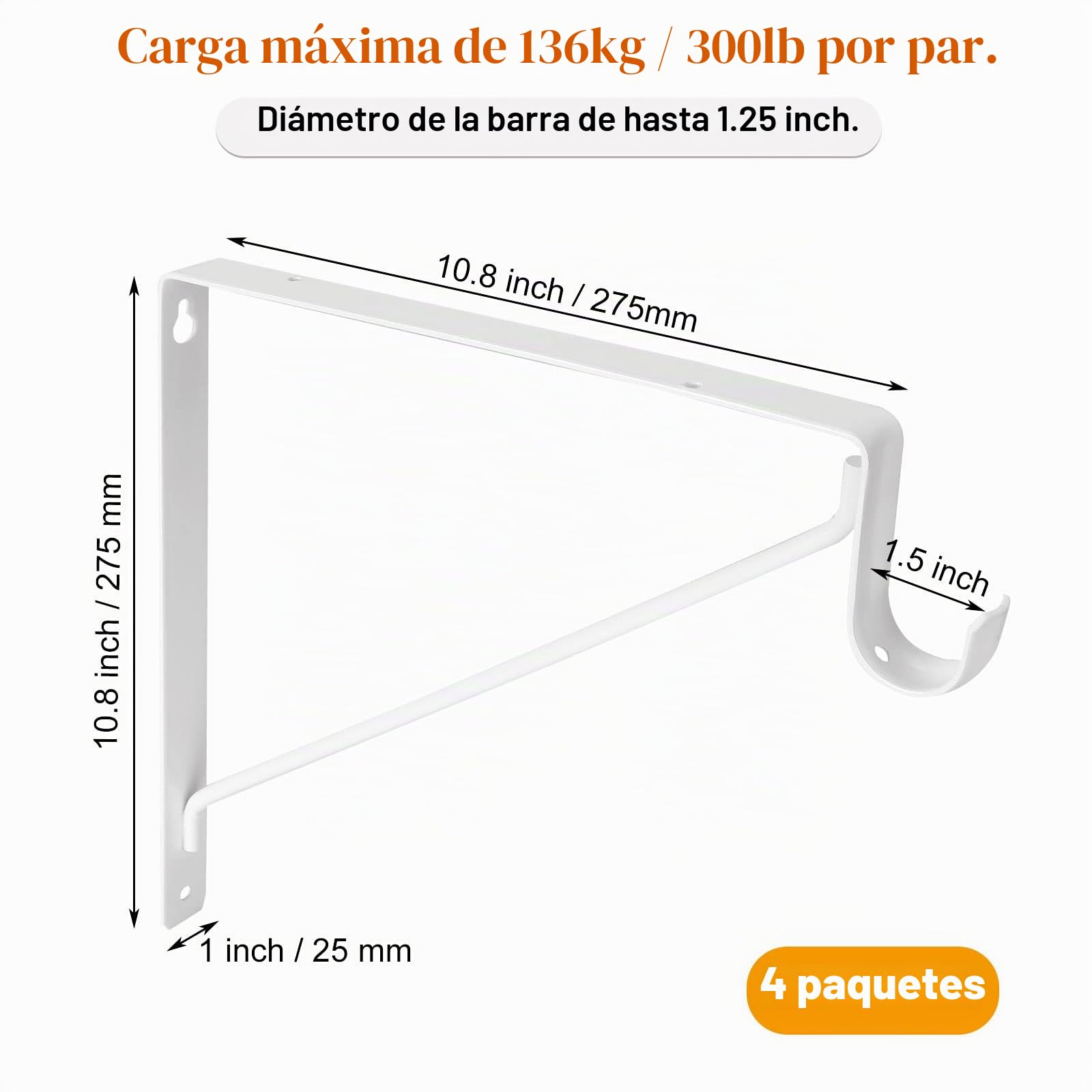 Holdware Paquete de 4 soportes resistentes para barra de armario de 11 x 10.2 x 1 pulgadas, ganchos de soporte para estante de barra de armario, estantes montados en la pared y soportes de barra con