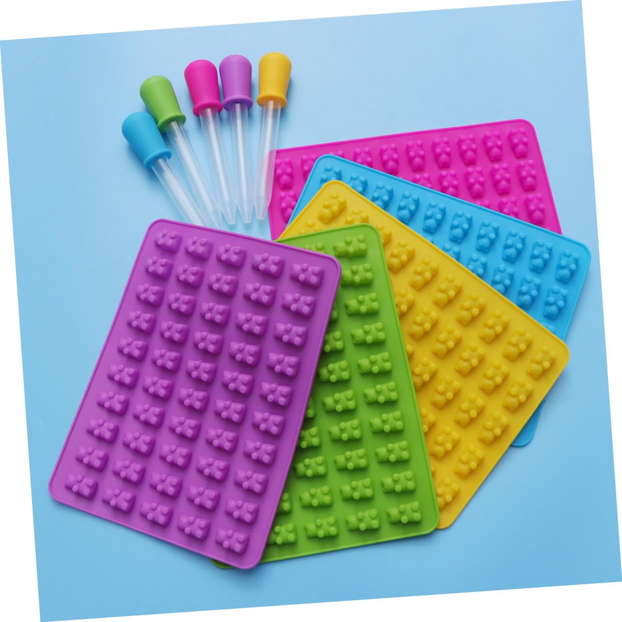 VALICLUD 5 set Stampi in Silicone Orsetti Mini Cavità con Contagocce per Caramelle Gommose Cioccolatini e Dolcetti Facile da Usare e Pulire Azzurro Verde Rosa e Giallo
