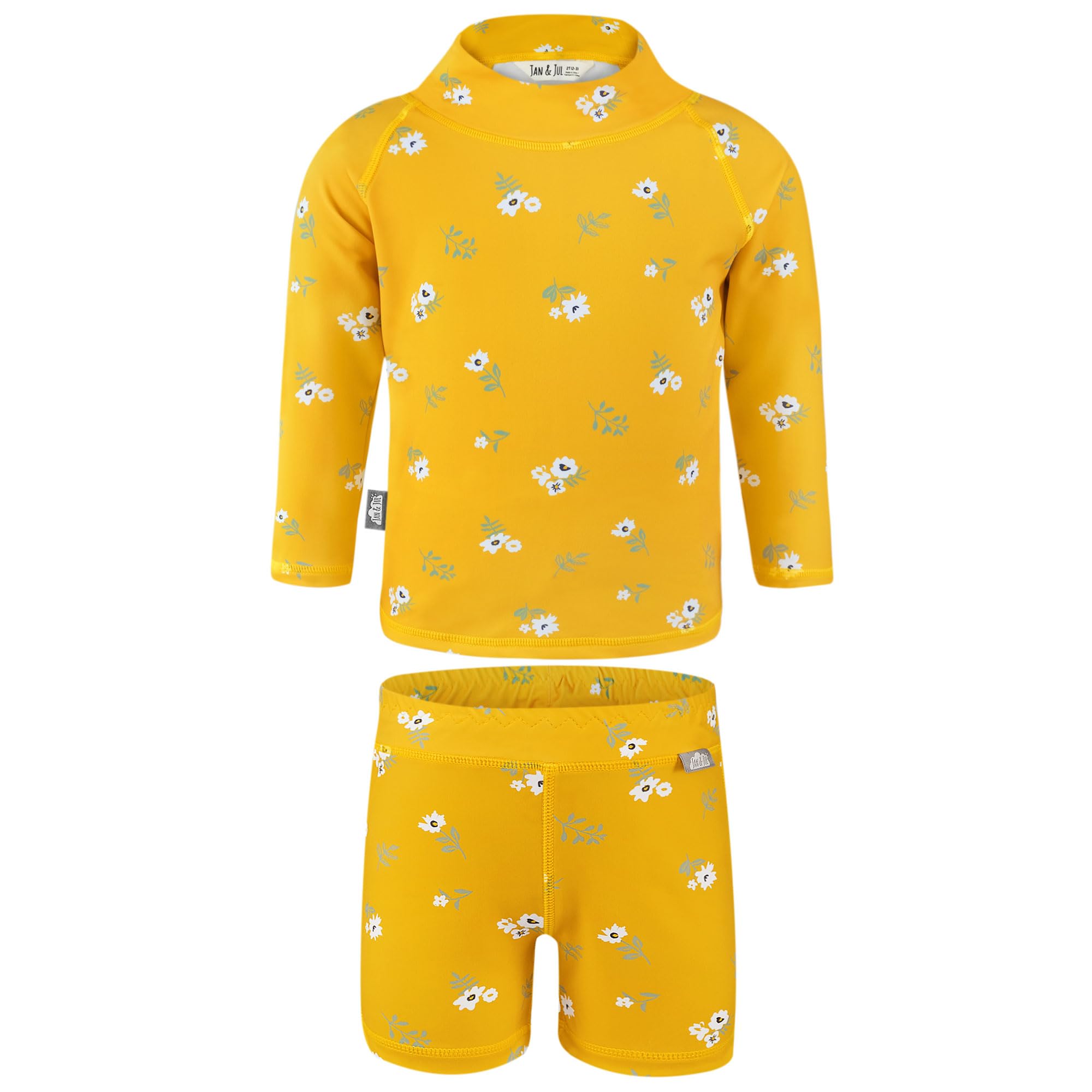 JAN & JUL Girls' Swim Set, Long Sleeve Rash Guard 50+ UPF Swimsuit for Kids (Yellow Flower, Size 10Y)