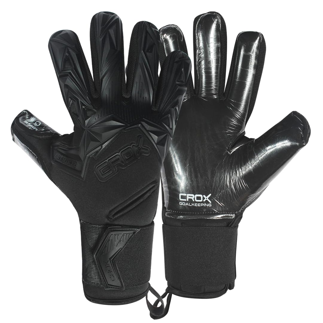 CROX Strike Goalkeeper Gloves – Negative Cut GK Gloves with Removable Finger Spines Contact Grip German Latex Goalie Gloves Football Goalkeeping Gloves (Strike Blackout, SIZE 10, Ambidextrous)