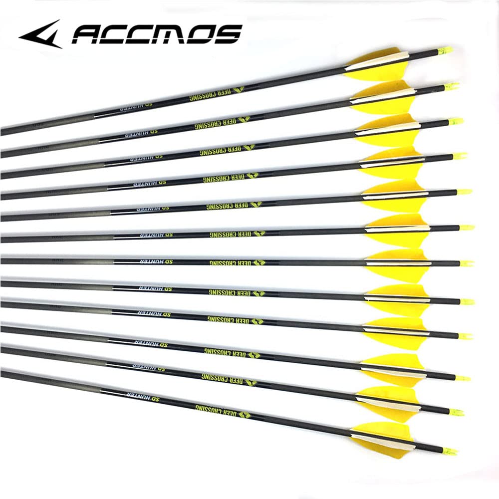 ACCMOS 31" Freccia in Puro Carbonio Spine 350 400 500 600 700 800 900 1000 ID 4.2mm con Piuma di Tacchino da 2,5" Frecce da Caccia, per Arco Ricurvo Arco Composto Tiro con L'Arco 6/12 pz