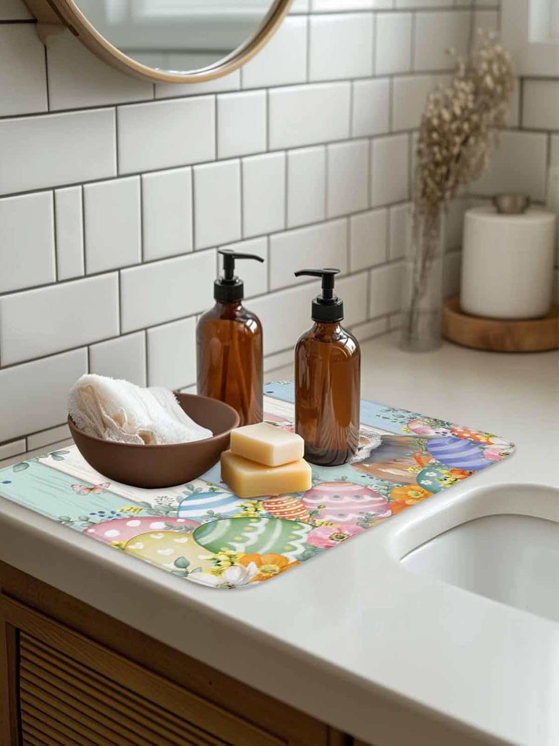 Easter Dish Drying Mat for Kitchen Counter, Microfiber Dishes Drainer Mat Rack Pad, Spring Bunny Colorful Floral Eggs Wooden Plank Absorbent Dish Bottle Drying Mats, 18''x24'', 2 Pack