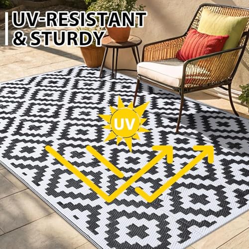 smiry Outdoor Teppich Wasserfest Balkon Camping Teppiche UV-beständig Waschbar Außenteppich Draussen Wendbarer für Terrasse, Garten, Wohnmobil - 120 x 180 cm, Schwarz & Weiß
