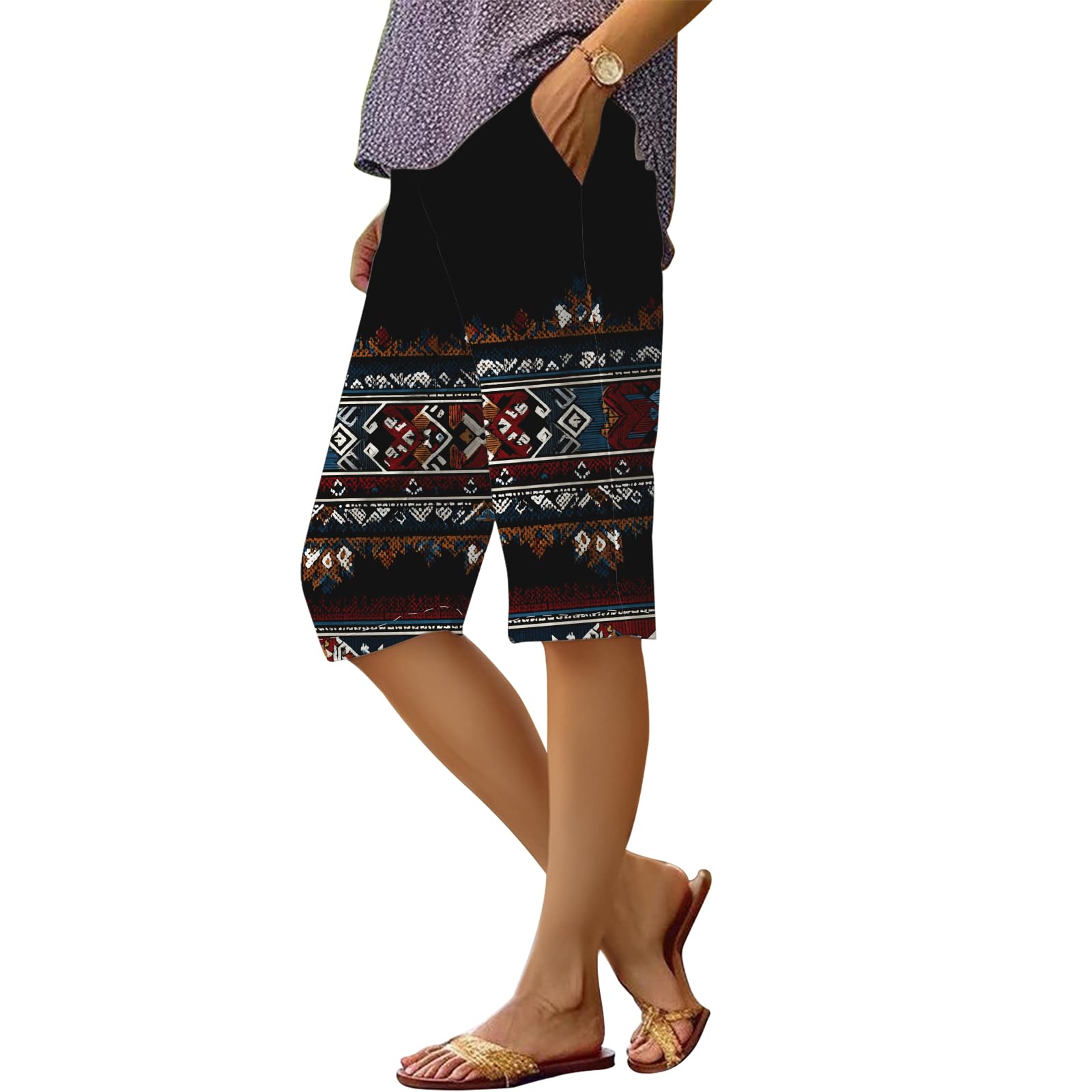 Womens Summer Beach Bermuda Shorts Aztec Striped Loose Casual Knee Length Wide Leg Gym Athletic Pants with Pockets