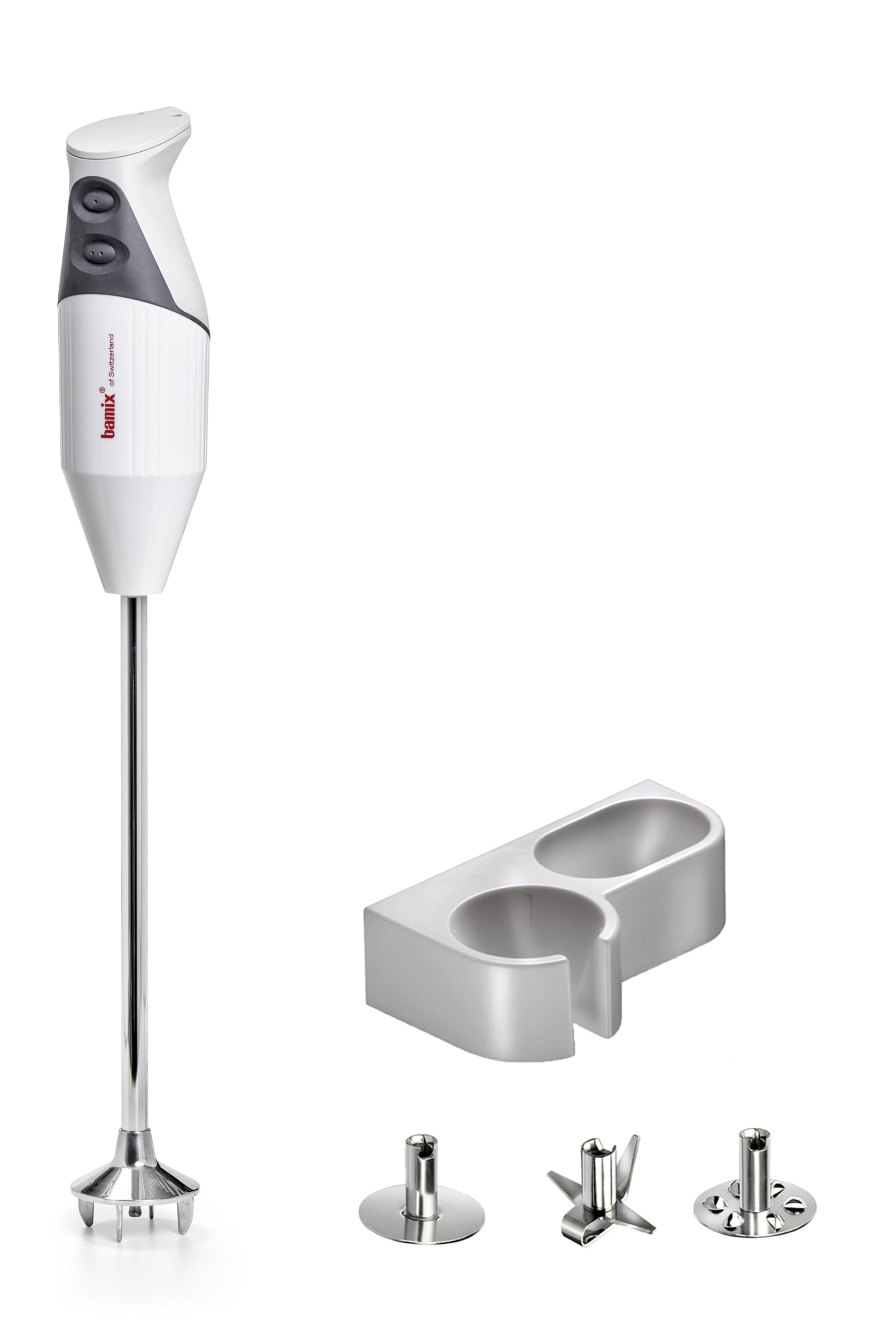 bamix Set frullatore a immersione G350 GASTRO PRO-3 incl. lama multiuso, frusta e disco fisso, supporto, 300 watt, 2 velocità, acciaio inox, Made in Switzerland, bianco/grigio chiaro