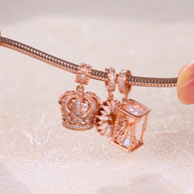 GNOCE Sterling Silver Hourglass Pendant Charm - 18K Rose Gold Plated With Zircon, Fits Pandora Bracelets & Necklaces - View #11