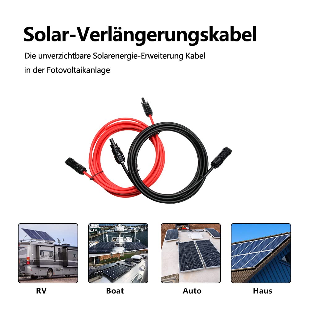Prolunga per cavo solare, 10 m, 6 mm², 1500 V, cavo solare fotovoltaico, spina solare, IP68, spina impermeabile (10 m, 10 AWG)