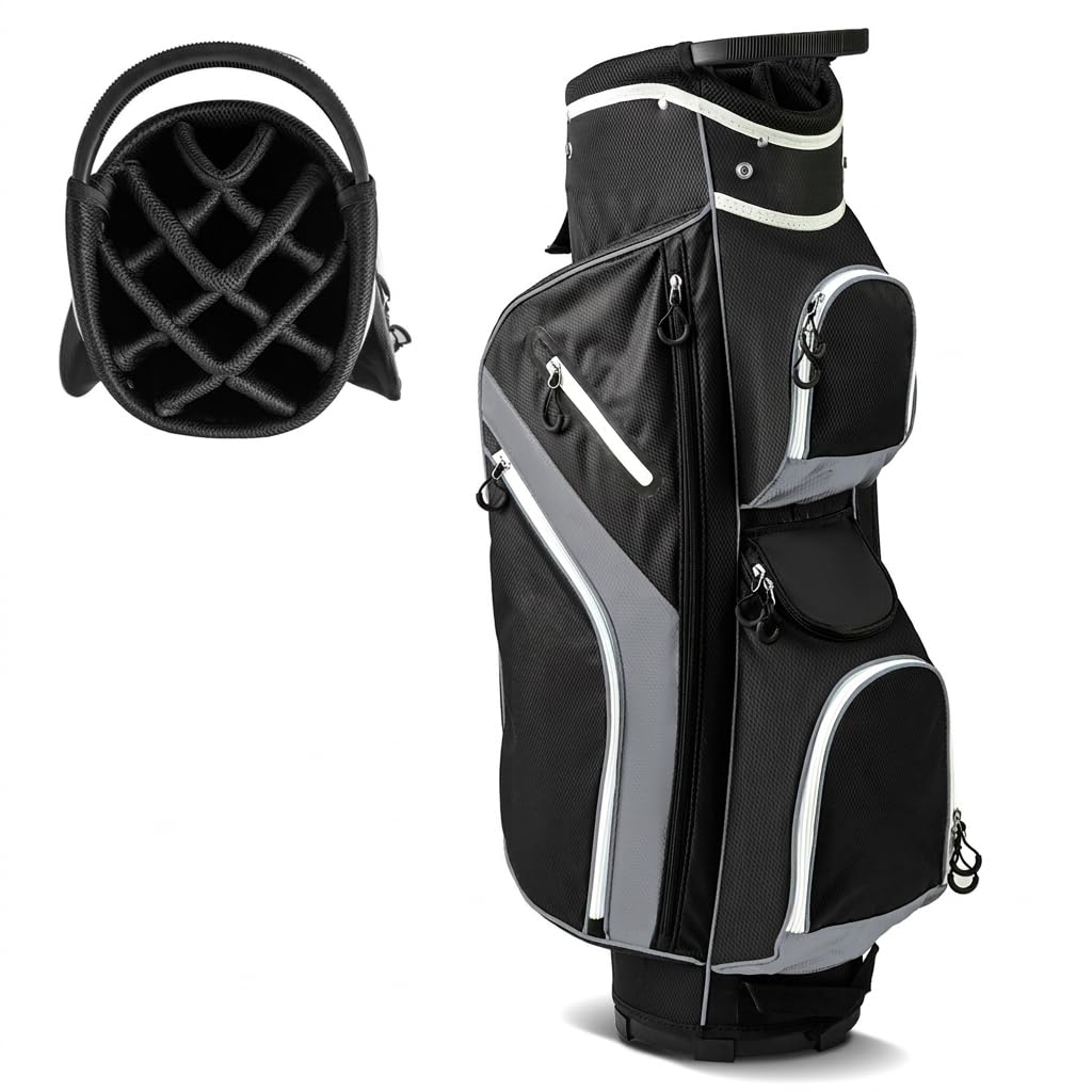 SPOTRAVEL Golf Cart Bag, Golf Club Bag with 14 Top Dividers, Cooler Bag, Shoulder Strap, Rain Hood and Umbrella Holder, Lightweight Portable Golf Bag for Men and Women (Grey，23 x 23 x 124 cm)