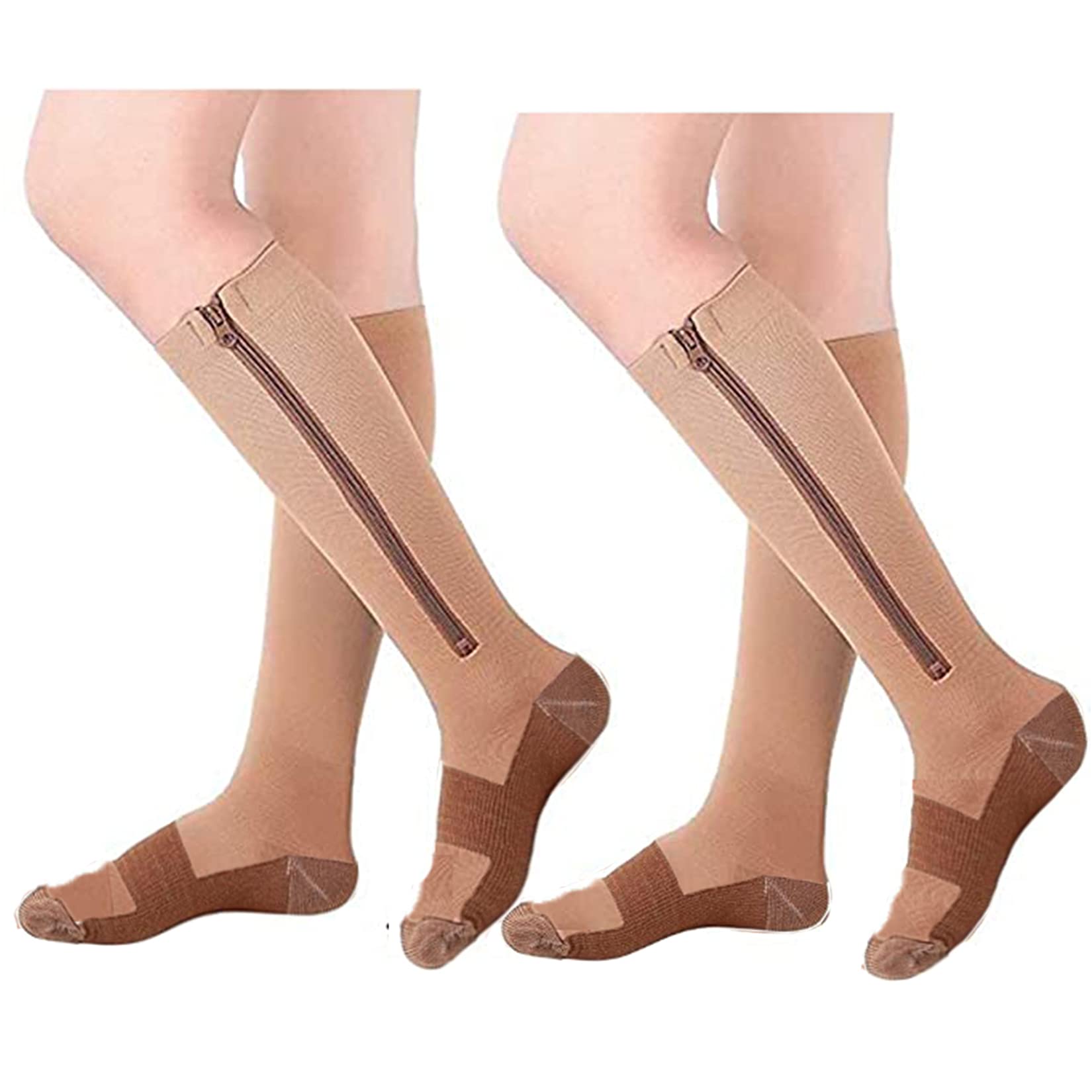 2 Pair Zip Compression Socks for Women Closed Toe with Zipper Stocking Wide Calf Knee Length Easy on off 15-20 mmHg (2 Pair Beige with Copper, S/M)