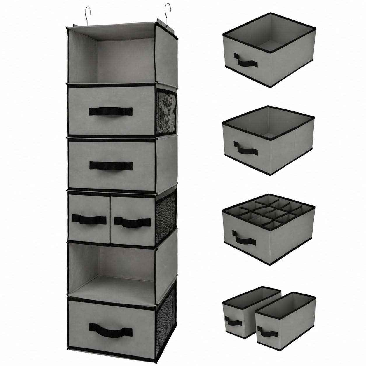 GRANNY SAYS Rangement de Penderie à 6 Compartiments, Étagère Suspendue de Rangement avec Tiroirs EI Poches Latérales, Rangement Suspendus pour Vêtements Pliable, Organisateur de Penderie Gris