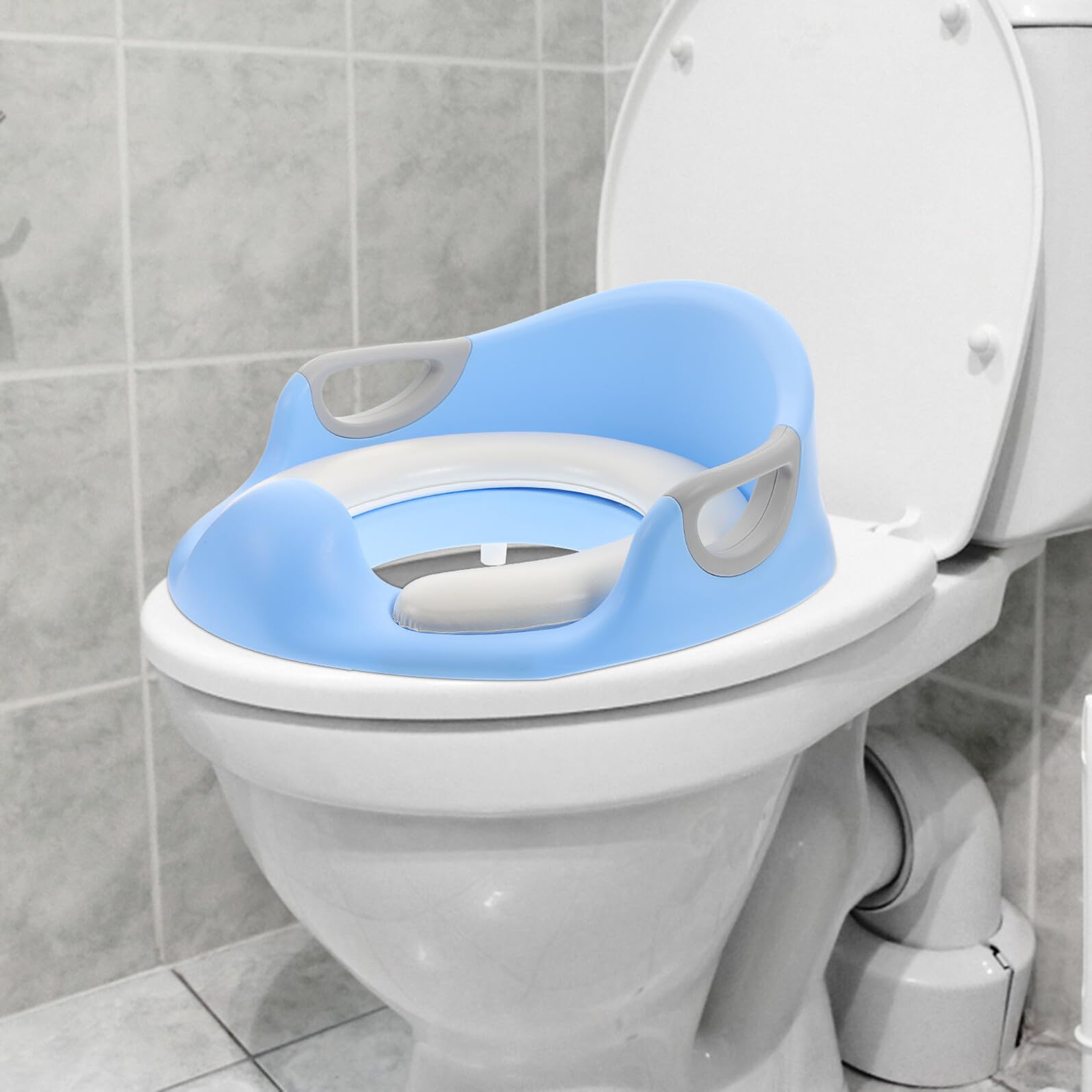 Asiento de Inodoro Infantil Azul de Pu Asas Grandes | Antideslizante, para Entrenamiento del Baño, Almohadillas Antideslizantes