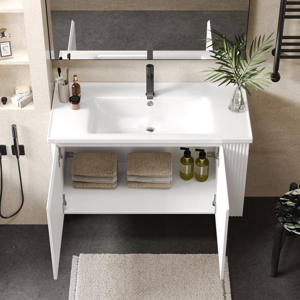 Bathroom Vanity Cabinet with Tip-Out Tray/Flip-Out Drawer, Equipped with Antique Handles and Rubber Wood Legs (36" White)