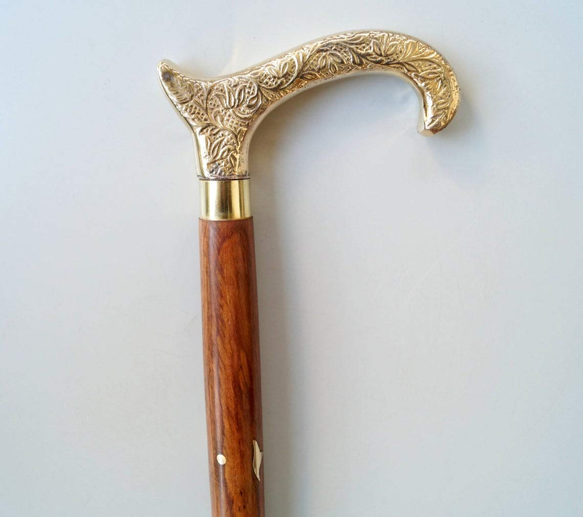 Bastone Da Passeggio Legno Maniglia Da Passeggio Vintage In Ottone Per Bastone - Stile Vittoriano, In Legno Di Palissandro, Riproduzione Antica Bastone Da Collezione 1800 - Foto 8