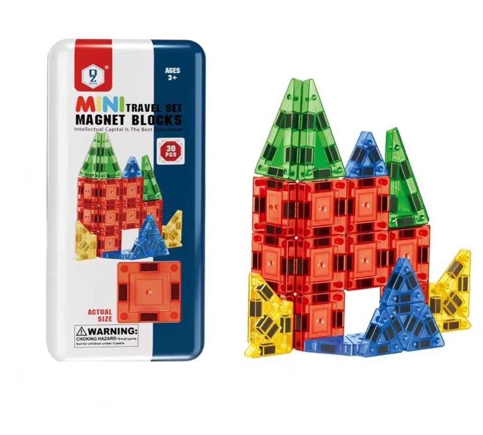 Mini Magnetic Tiles for Kids | Travel Size 30PCS Magnetic Building Blocks with Iron Box | Light Weight Portable Travel Toys for 3+ Year Old Boys Girls Toddlers | Preschool Learning Gifts | Micro Mags