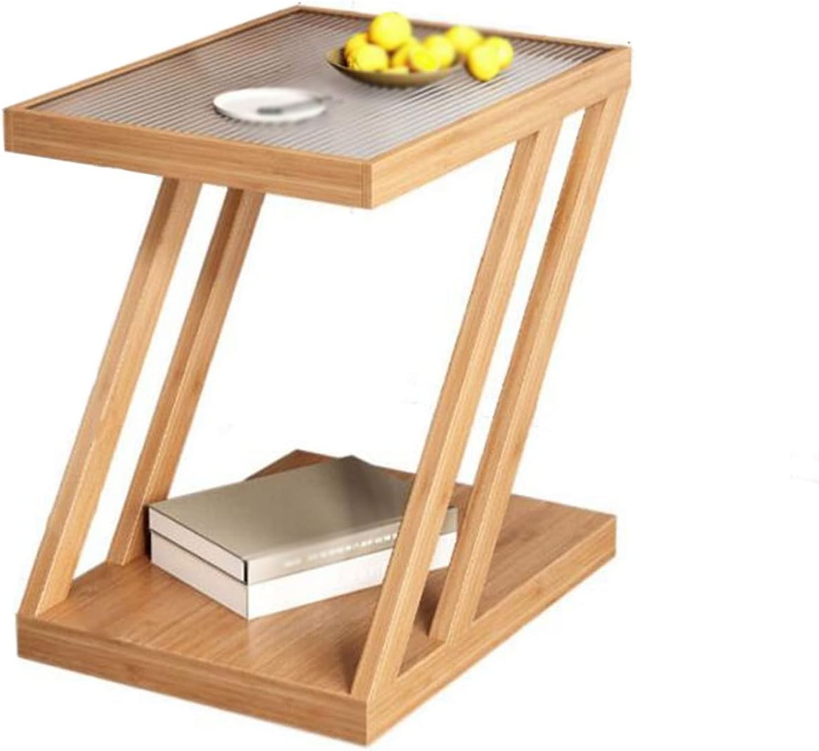 Glass Top Side Table, Wooden Sofa Table Simple 2 Tier Nightstand Bedside Tables with Bottom Shelf, Z-Frame,for Home Bedroom, Kitchen(Size:48 * 35 * 44CM,Color:A)