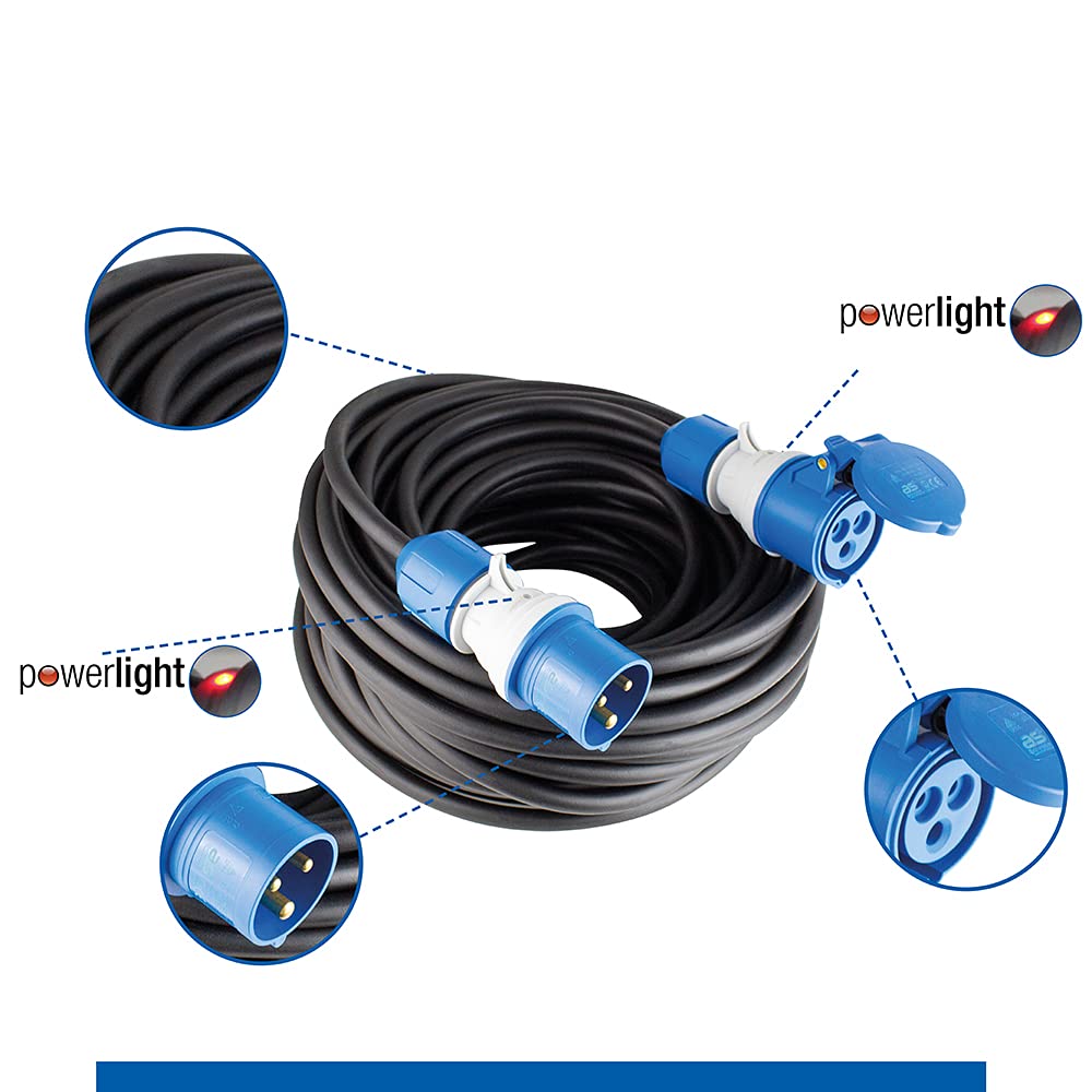 as - Schwabe câble de rallonge de camping CEE 25m avec nouvel indicateur de tension powerlight, fiche et prise CEE, 3-pin, 230 V /16 A, extérieur IP44 étanche, noir I 61409