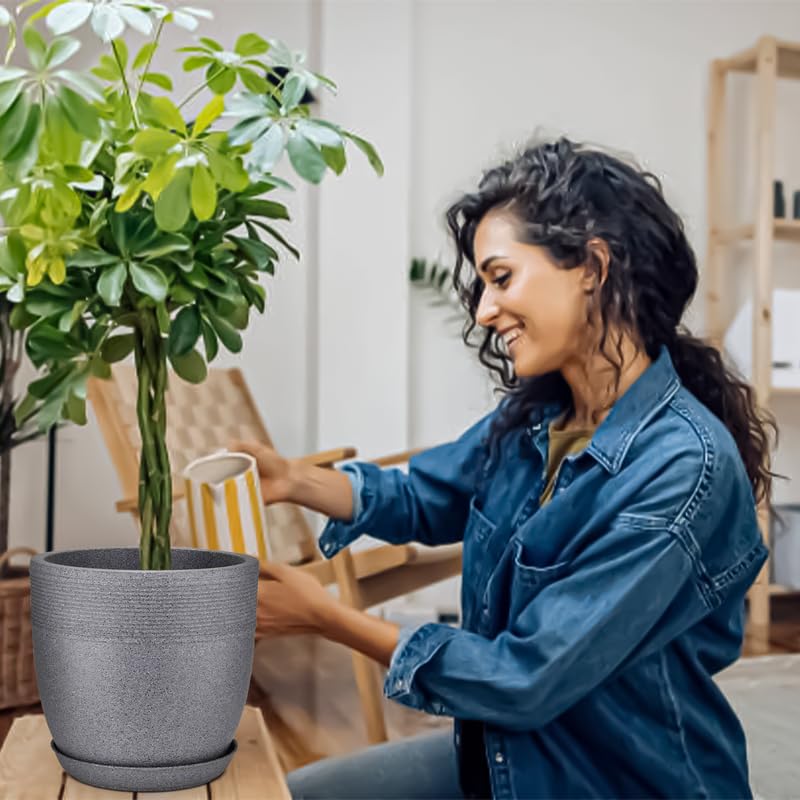 Image of GARDENS NEED Stylish 10-Inch (25.4cm) Grey Granite Marble Look Roto Moulded Plastic Flower Pot with Drainage Hole and Bottom Tray for Indoor and Outdoor Use