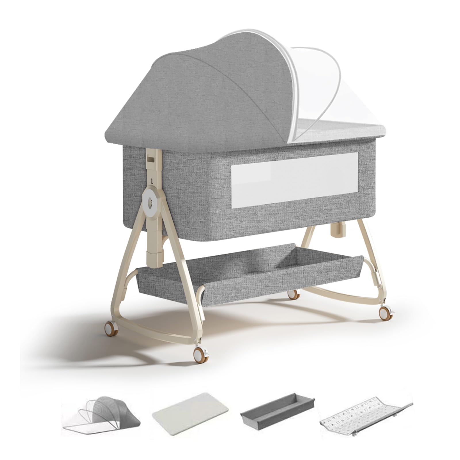 RIKCAT 4-in-1 Beistellbett Baby,Convertible Babybett für Co-Sleeping,Baby Reisebett mit Matratze,6 Höhenverstellbar Stubenwagen Baby mit Rollen,Faltbar Kinderbett von 1 bis 36 Monaten (Gray)