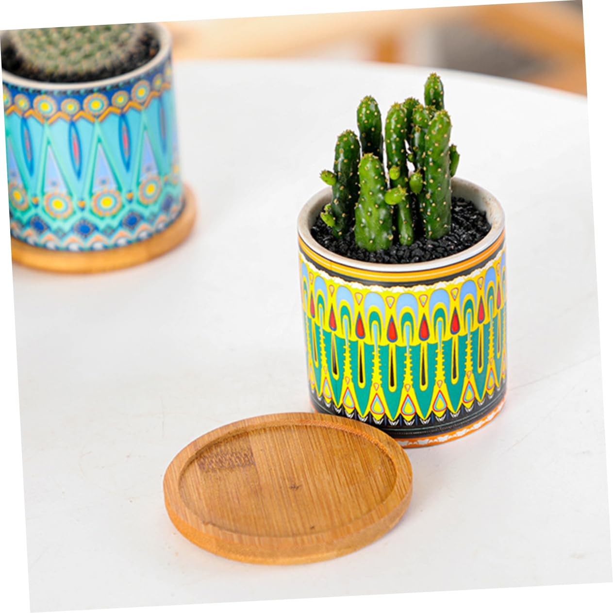 Yardwe Set 8 Pezzi Vasi Succulenti Cilindrici in Ceramica Motivo Mandala, Mini Vaso di Fiori per Piante Grasse, Ornamento per Casa e Ufficio 4 Supporti in Bambù Colorati