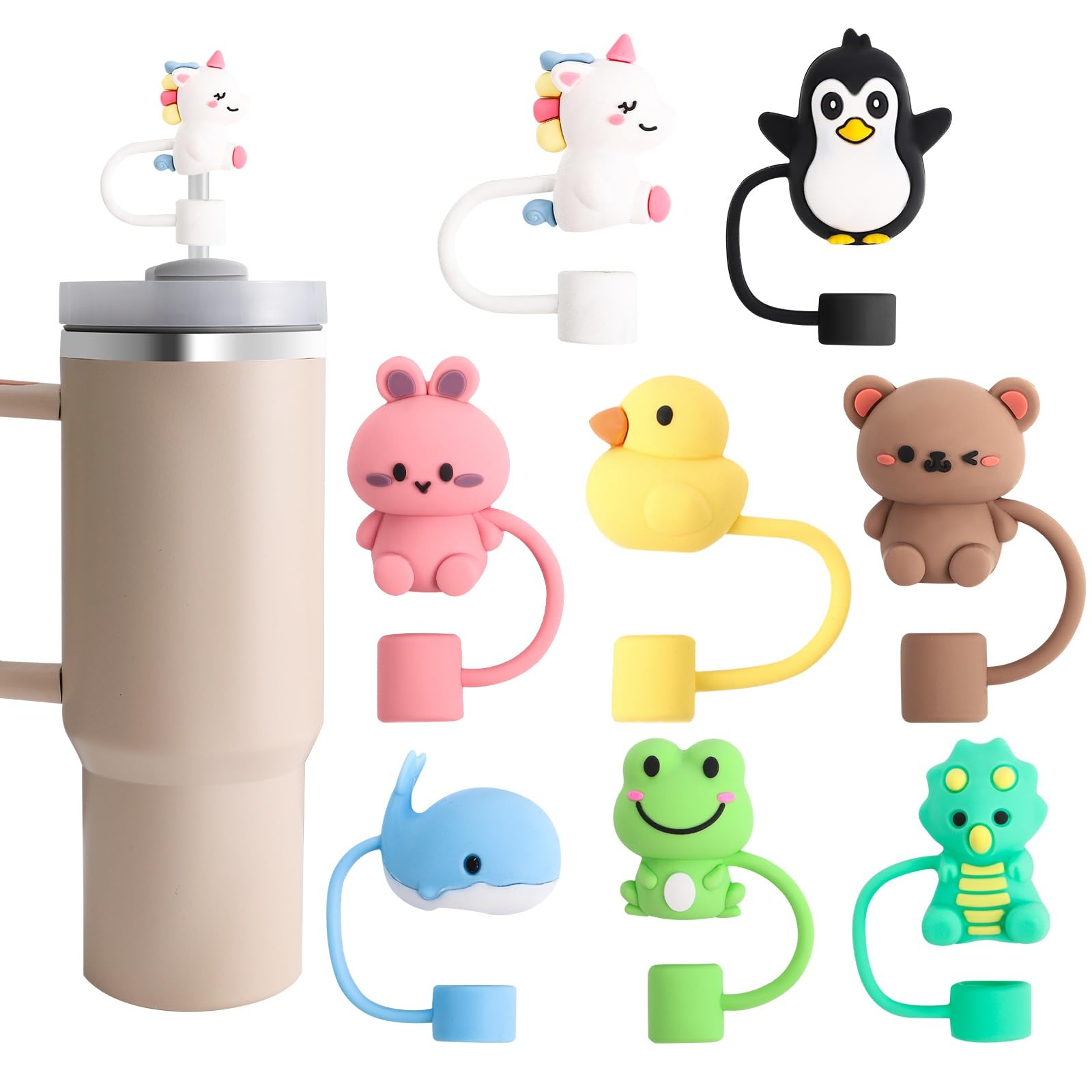 8Pcs Animal Straw Cover Cap, Cute Straw Topper for Stanley 30&40 Oz Tumbler