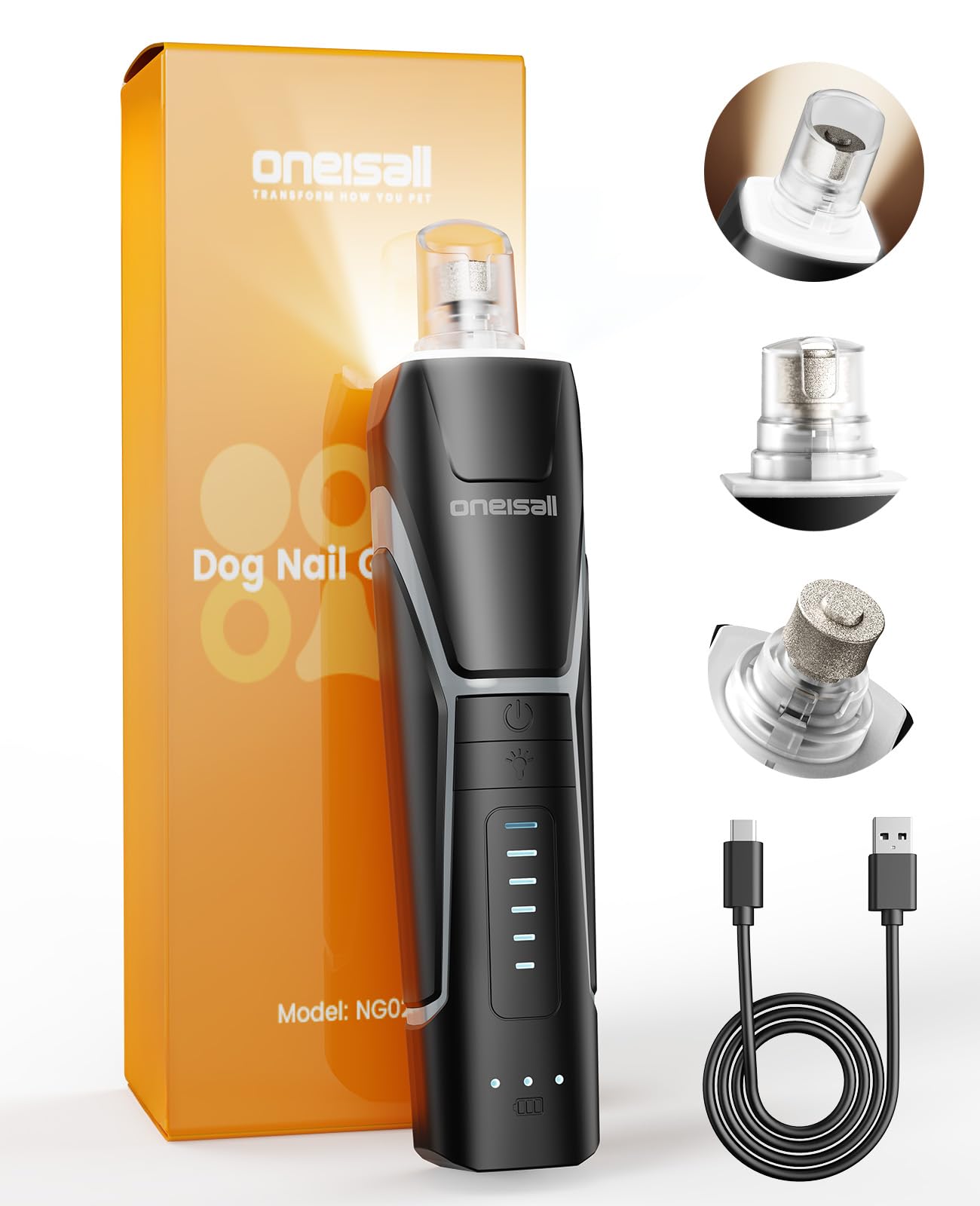 oneisall Dog Nail Grinders with 360°LED Lights,40db Silent Cordless Dog Claw Grinder, Groom Pro Dog Nail File,6 Speed Adjustable Painless Paws Pet Nail Grinder for Small,Medium Large Dogs