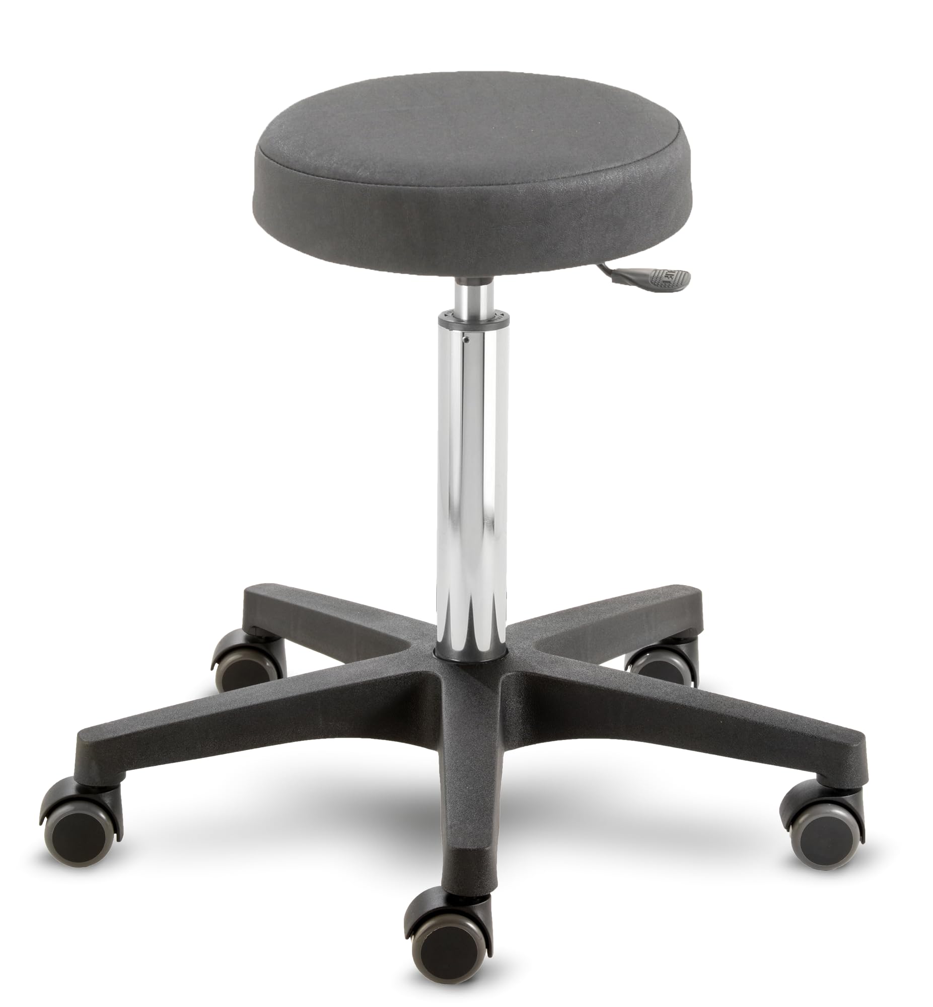 Rollhocker Comfort 4400, Sitzhöhe ca. 54-73 cm, Rundsitz Ø 33 cm, Rollen/Bodengleiter:weiche Radbandage, Polsterdekor:Dekor schwarz