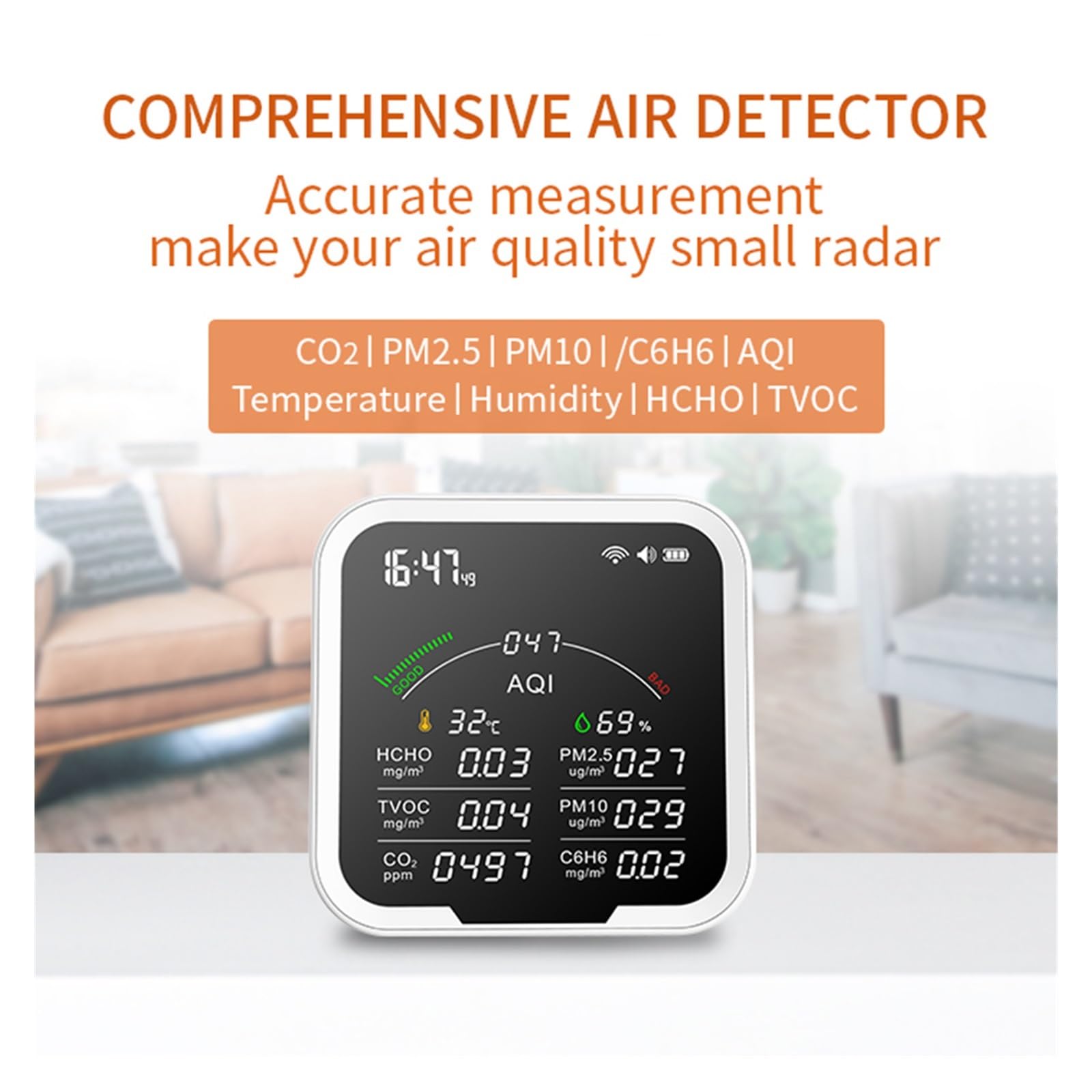 Misuratore di qualità 'aria portatile HCHO/TVOC/CO2/PM2.5/PM10/AQI/C6H6 Tester umidità a temperatura Rilevatore anidride carbonica con schermo da 4.8 pollici,Alta Precisione
