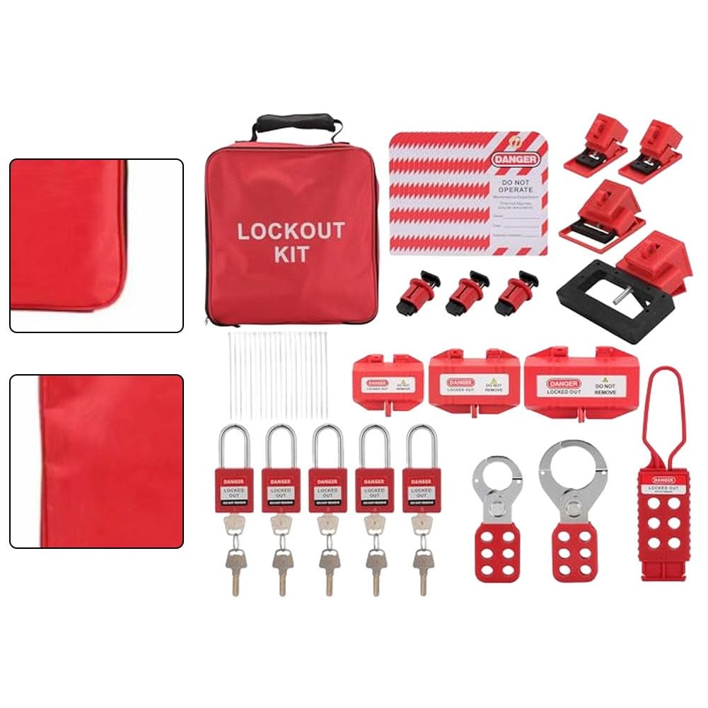 Kit de bloqueo eléctrico OSHA con 5 candados y 7 cerraduras de disyuntor para seguridad eléctrica industrial, color rojo con bolsa de transporte