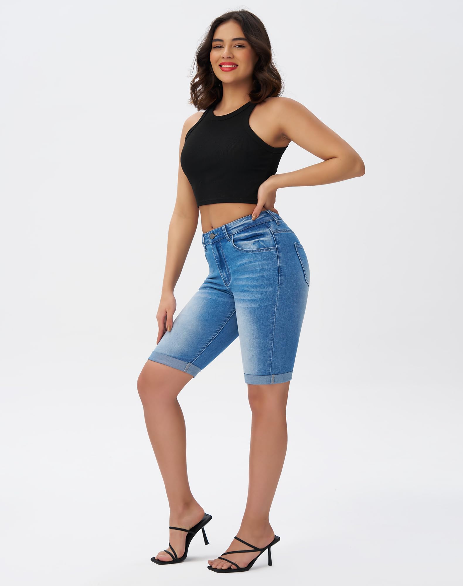 roswear Bermuda da Donna a Vita Media, Elasticizzati, in Denim, Azzurro Chiaro, XL