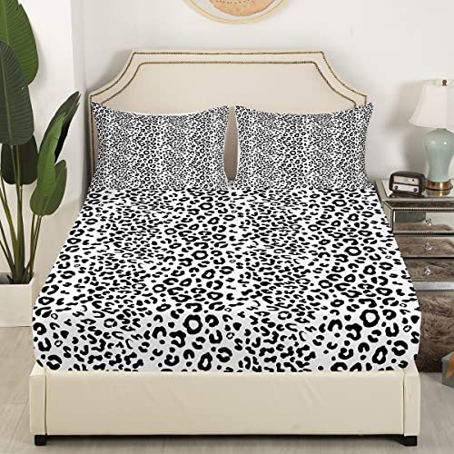 Black White Leopard Print Fitted Sheet For Girls Boys Kids Women Cheetah Print Bedding Set Men Africa Animal Wildlife Sheet Sets Home Hotel Room Soft Decor Bed Cover No Flat Sheet Full Size #TOP2
