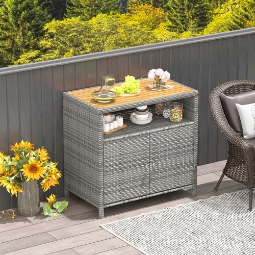 Image of Tangkula Rattan Outdoor Storage Cabinet, Patiojoy Outdoor Cabinet with Acacia Wood Countertop, Open Compartment, 2-Door Wicker Sideboard, Outdoor Bar for Patio Garden Backyard Poolside (Mix Grey)