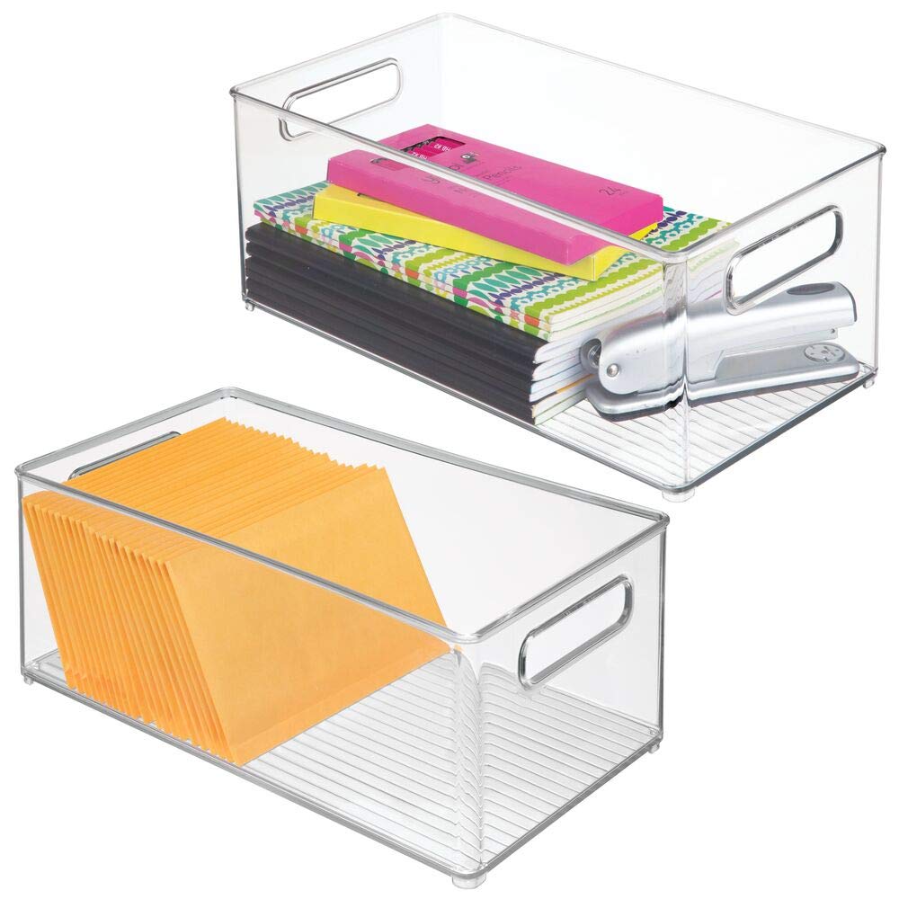 mDesign Tiefe Kunststoff-Aufbewahrungsbehälter, Büro-Organisation für Aktenschrank, Schrank, Regale und Schreibtisch – hält Notizblöcke, Stifte, Textmarker und Hefter – 2 Stück – transparent