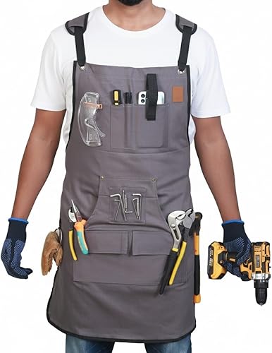Woodworking Apron for Men - 9 Reinforced Pockets Durable Canvas Padded Cross Straps - Woodworking Gifts for Men Gris