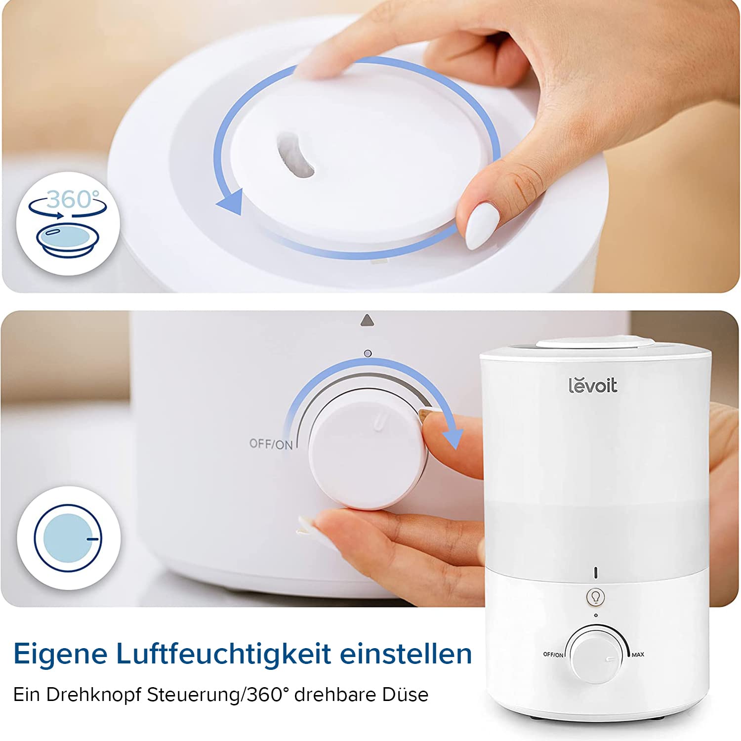 Levoit Luftbefeuchter Schlafzimmer, Nachtlicht, Aroma Diffusor, 25dB, 3L | Kaltnebel, Top-Fill Humidifier, oberer Befüllung, Auto Shut-off, Raumbefeuchter für Baby & Pflanzen, bis 25 Std., Warmweiß