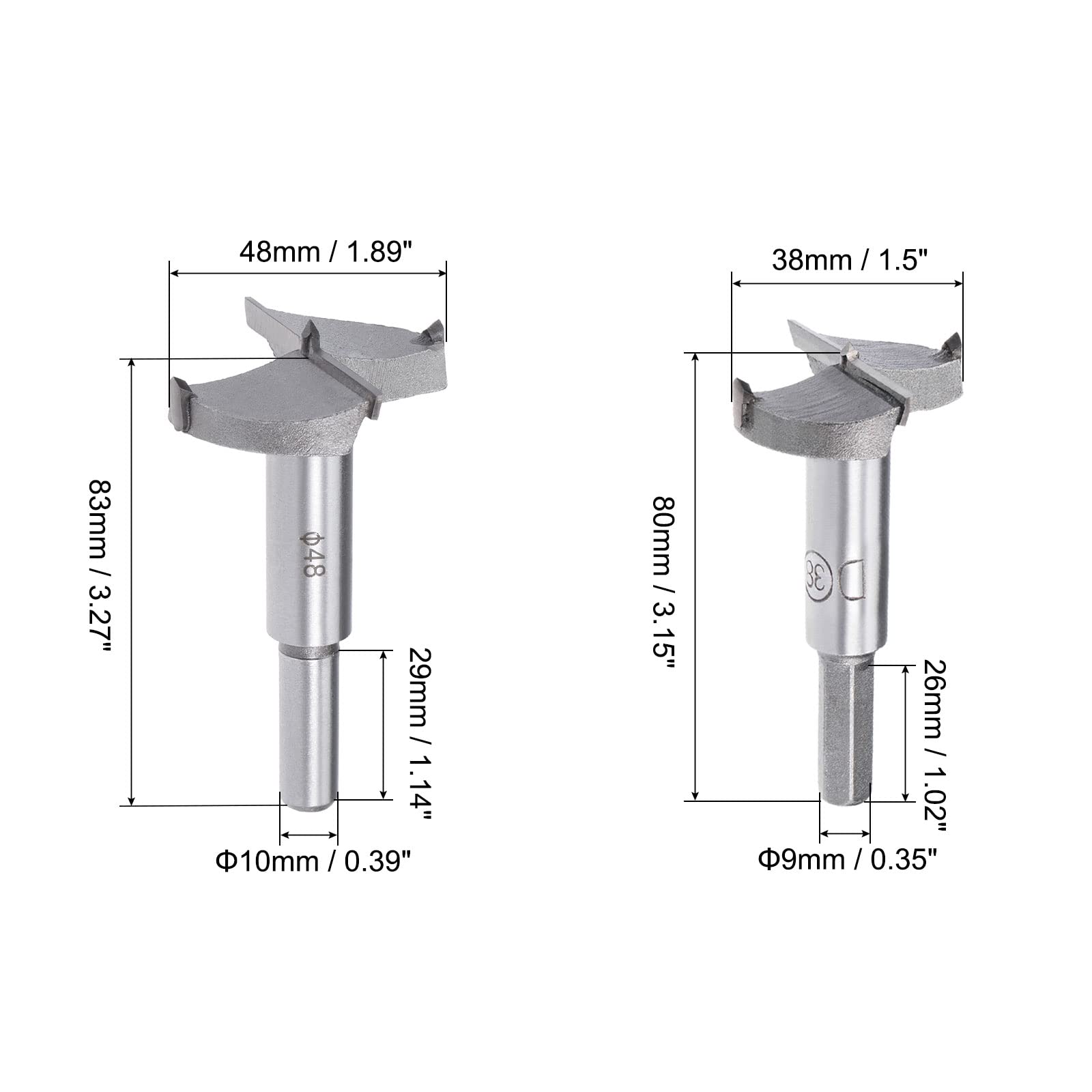 uxcell 48mm, 38mm Forstner Drill Bits Tungsten Carbide Wood Hole Saw Auger Opener