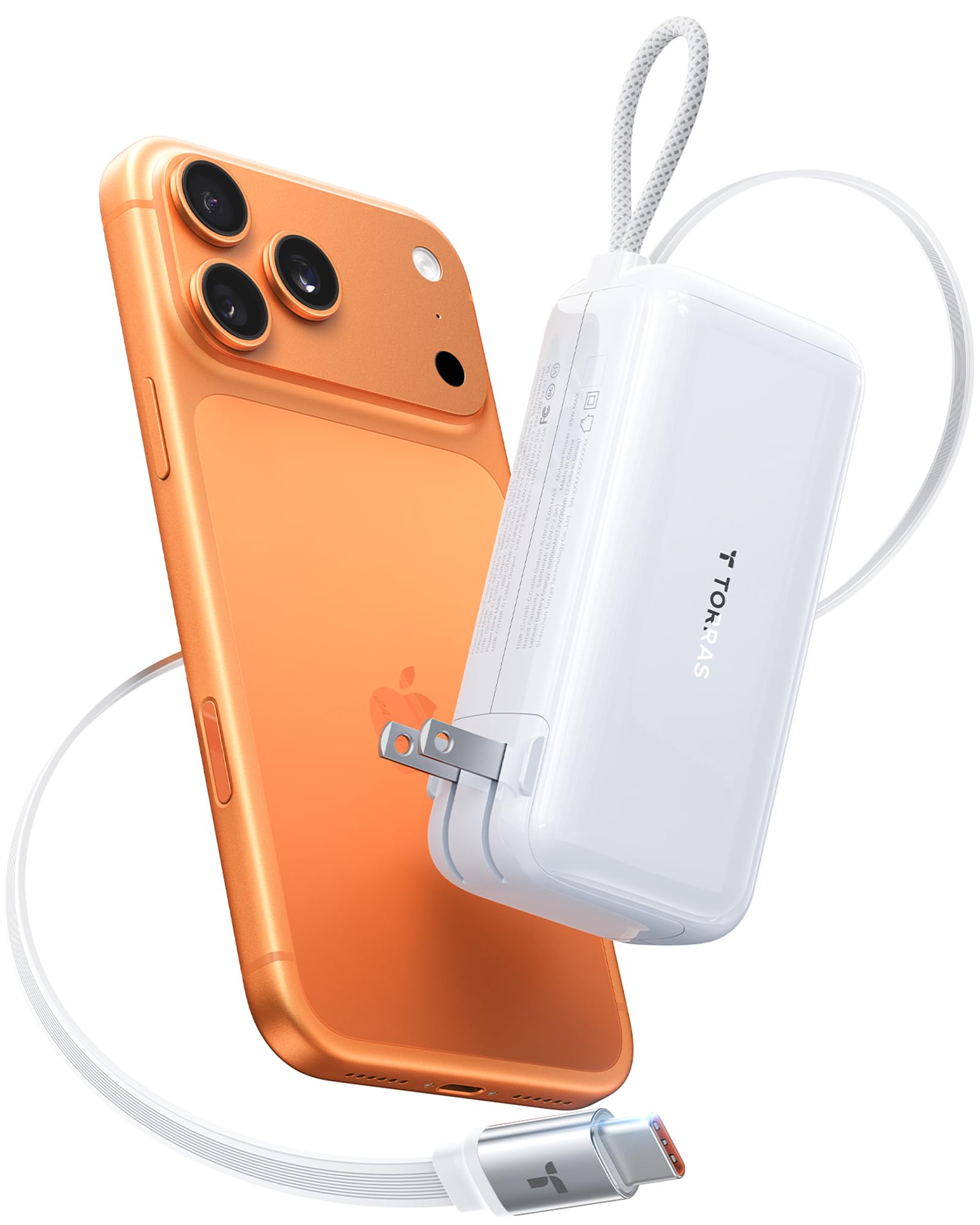 TORRAS EasyGo 3-in-1 Portable Charger Power Bank with Wall Plug & Retractable USB-C Cable, Fast Charging 10000mAh Battery Pack for iPhone 17/16/15,