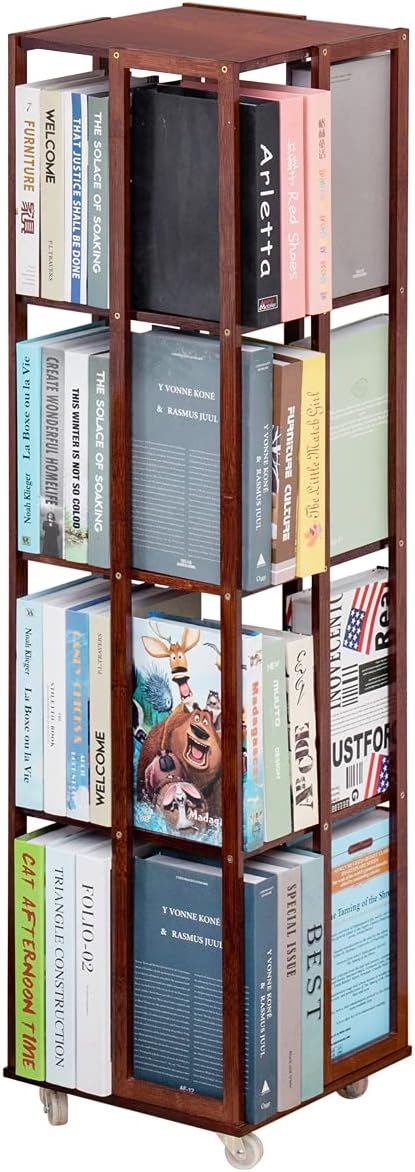 COPREE5 Tier Rolling Bookcase, Bamboo 360 Rotating Bookshelf, Freestanding Storage Organizer Holder Book Rack with Wheels for Bedroom, Living Room Home and Office