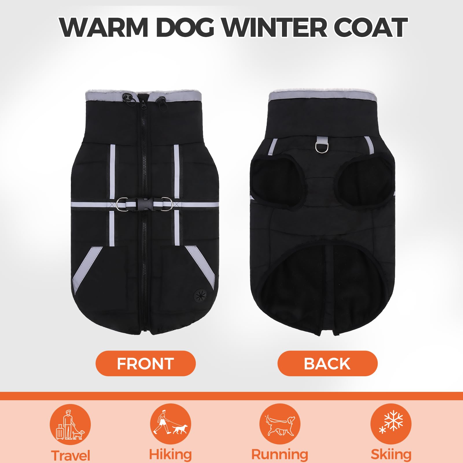 Mihachi Cappotto invernale per cani caldo con tasche per cani, giacca impermeabile per cani con imbracatura integrata in pile riflettente con cerniera, per animali domestici, antivento, caldo, freddo