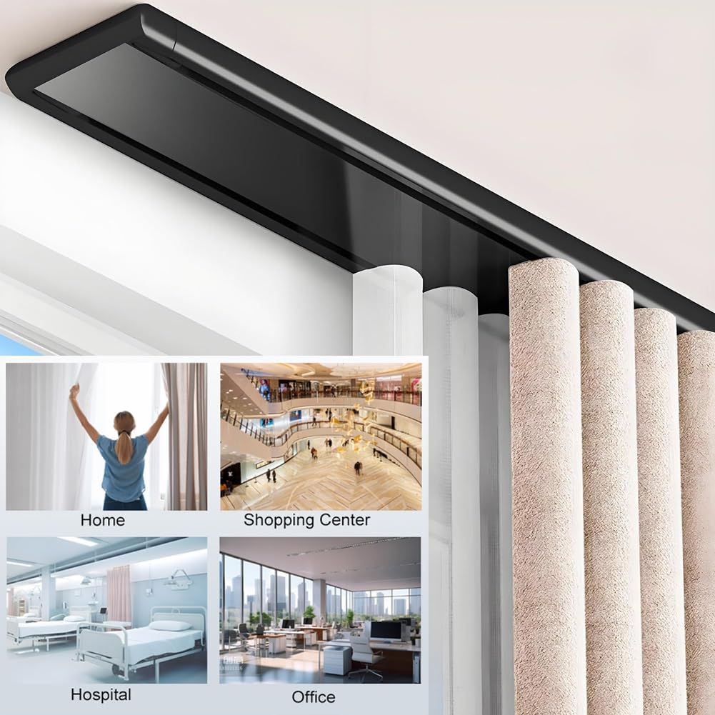 Custom Black ain Rod - Sistema de riel montado en techo de 2 capas para separadores de habitaciones, balcones, hoteles y caravanas - Silent 5,6 m / 18.4ft