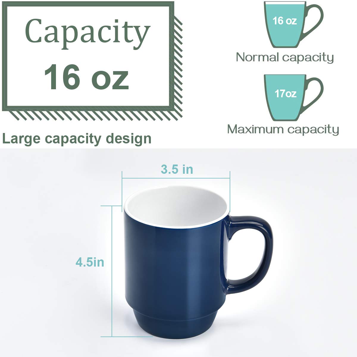 Kubki do kawy zestaw 6 sztuk, możliwość układania w stos, 470 ml, duże kubki do kawy z uchwytem, ceramiczne kubki do restauracji, zestaw 6 kubków do kawy, herbaty i kakao, zimne różne kolory