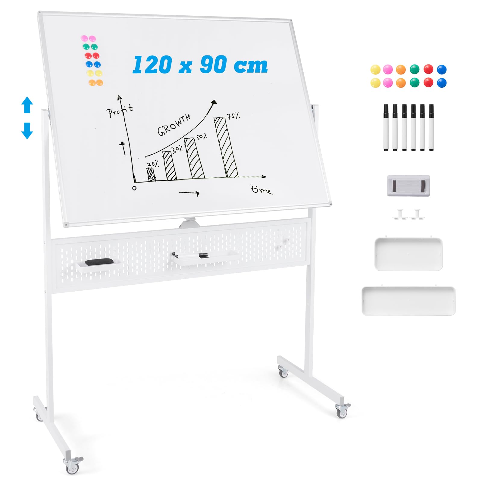 COSTWAY Magnetisch whiteboard, droog 120 x 80 cm, dubbelzijdig, met houder op vergrendelbare wielen, 360 graden draaibaar, in hoogte verstelbaar, whiteboard, kantoor, school, instelling (zwart 120 x