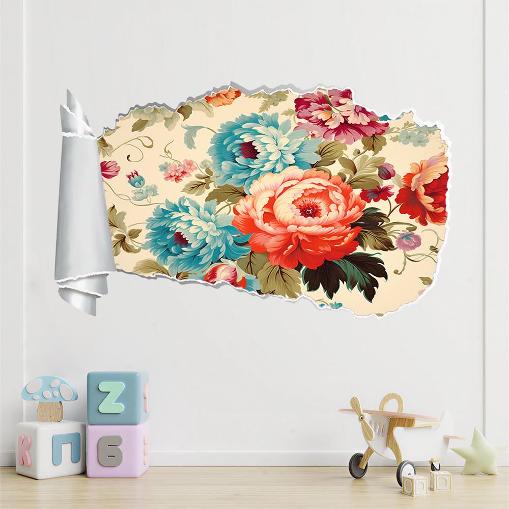 3D Wandaufkleber, Pfingstrose Durchbruch Wandtattoos Deko Wand Selbstklebend Natürliche Pflanzen, Wand Aufkleber Wanddurchbruch Wandsticker für Zuhause, Schlafzimmer, Wohnzimmer