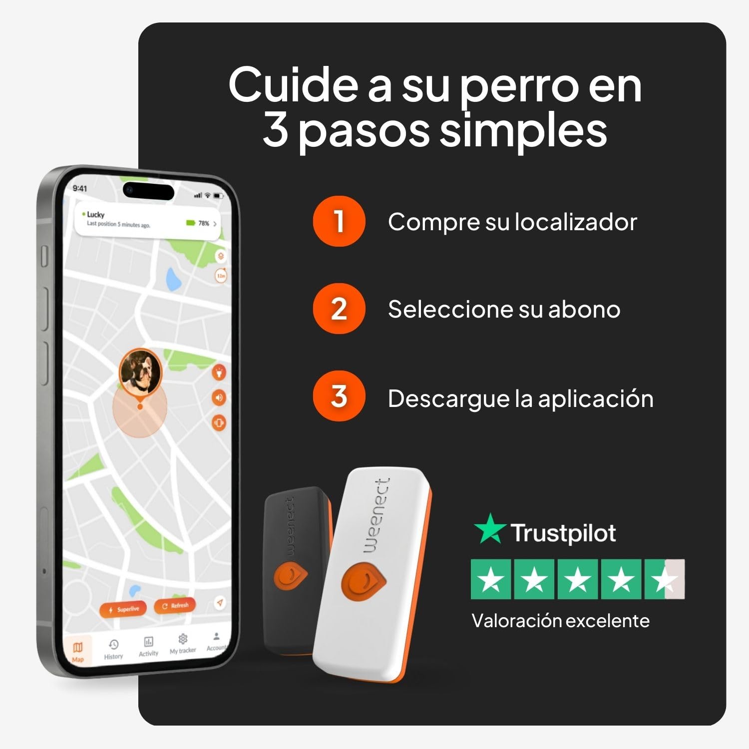Weenect XS para Perros – Nuevo Mini rastreador GPS para Perros | Seguimiento GPS en Tiempo Real | Modelo más pequeño del Mercado | Suscripción | Resistente al Agua