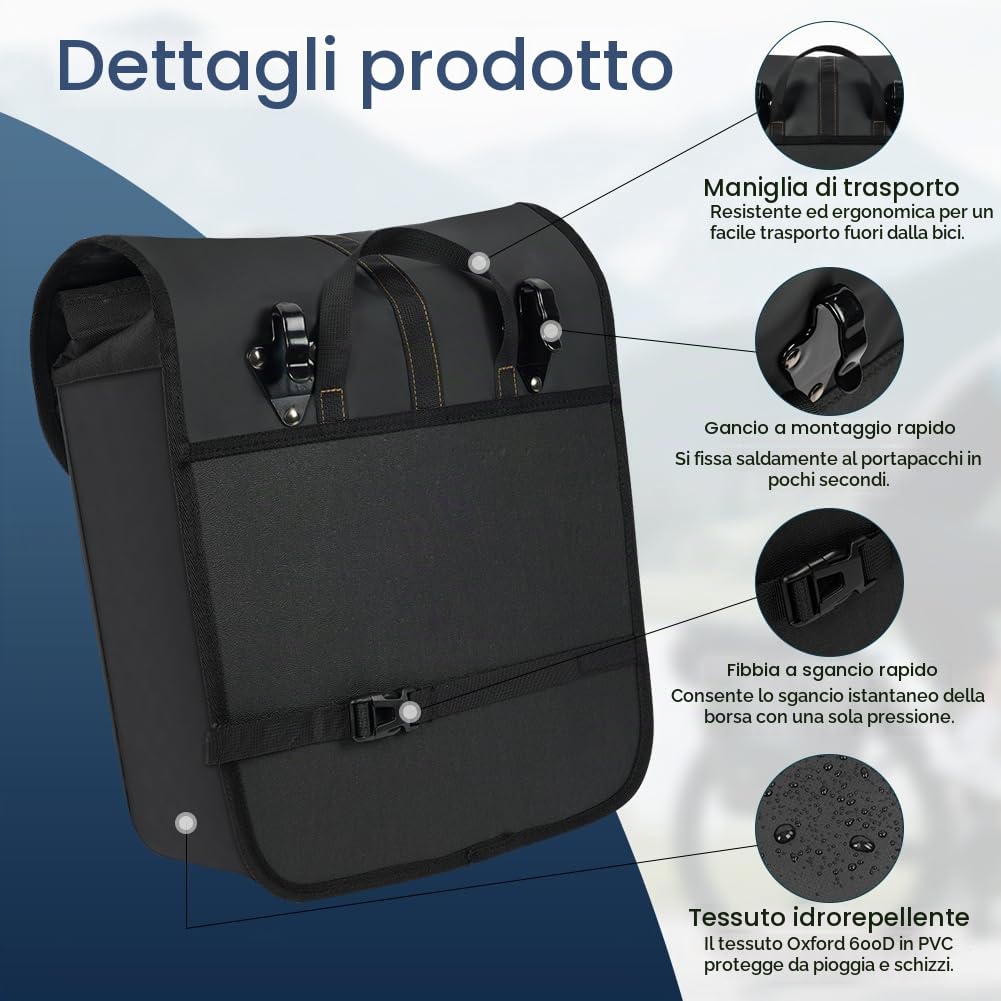 1 Pezzi Borse Bici Posteriore Laterali, Borsa da Bicicletta per Portapacchi, Espandibile Fino a 24L, Impermeabile, Unisex, Adatto per Ciclismo, Viaggi e Spostamenti, Nero