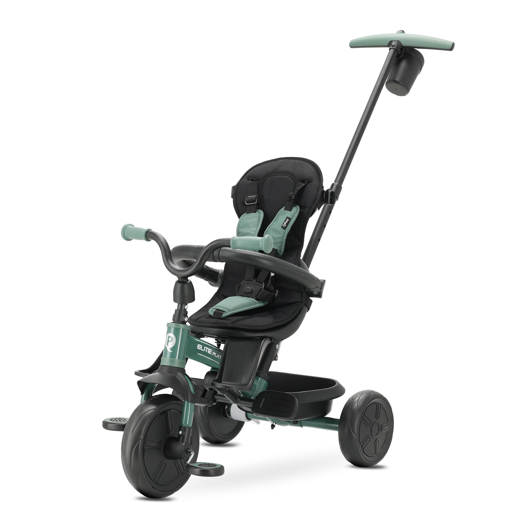 Triciclo Evolutivo QPLAY Elite Platinum 6 in 1 con sedile girevole a 360°, per bambini da 10 a 36 mesi, Maniglione direzionale, Capottina XL, Poggiapiedi e cestino (Verde)