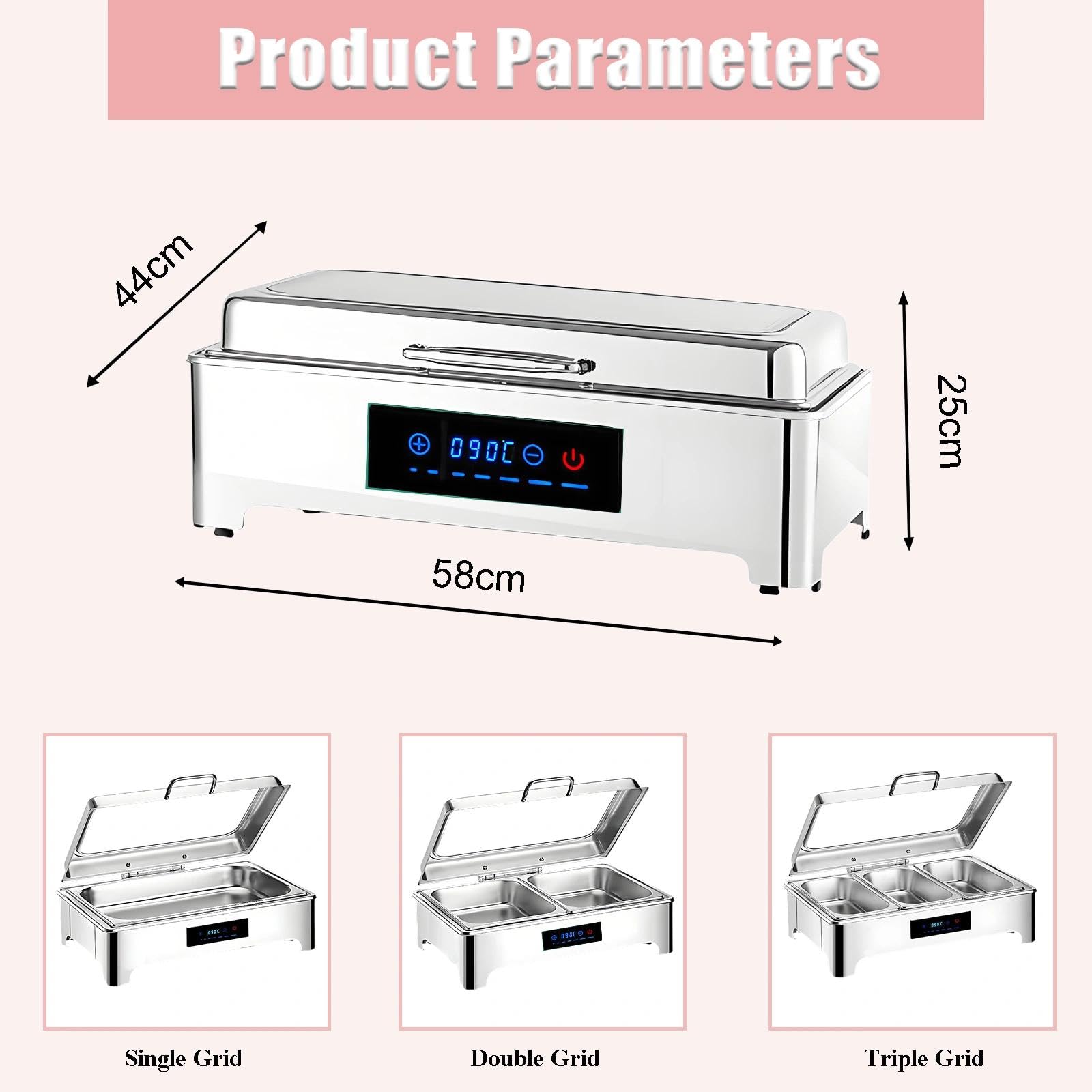 Chafing Dish Elettrico, 9L Scaldavivande Elettrico Acciaio Inox, Professionale Chafing Dish Buffet Elettrico Temperatura Regolabile con Coperchio Visibile per Hotel, 400W(1/3)